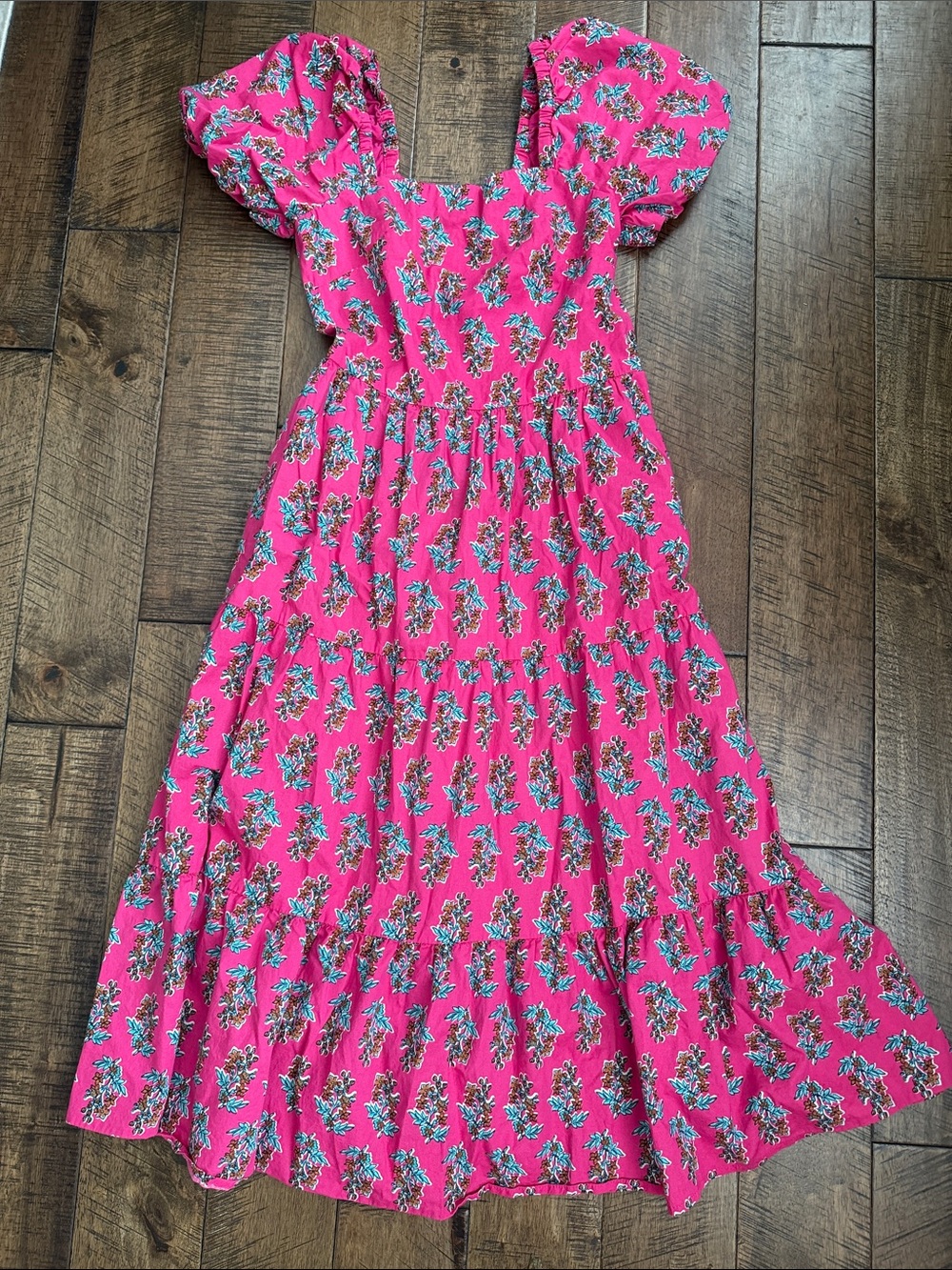 J. Crew Factory Hot Pink Floral Puff-Sleeve Tiered Dress